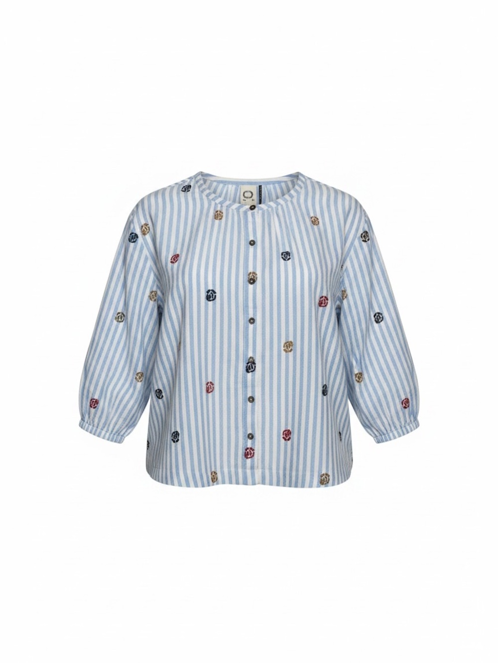 Women’s Light Blue Striped Button-Front Top with Embroidered Accents